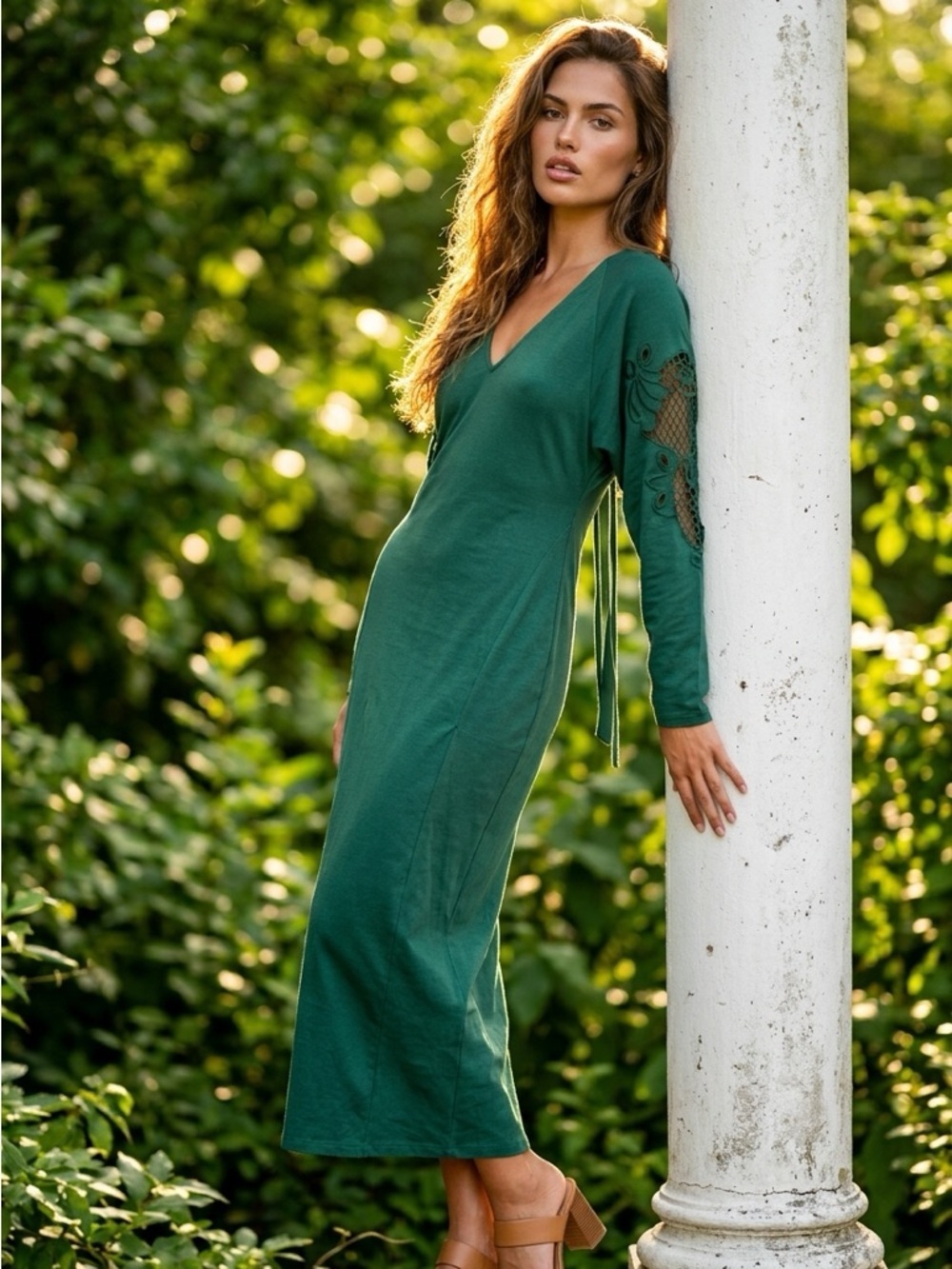 Green V-Neck Midi Dress Lace Panel Long Sleeve Side Slit Elegant Lightweight